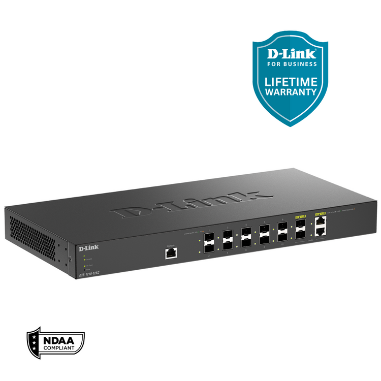 D-Link 12-Port 10 Gigabit Smart Managed Fiber Switch Including 10 SFP+ Ports, 2 10G/SFP+ Combo Ports-(DXS-1210-12SC)