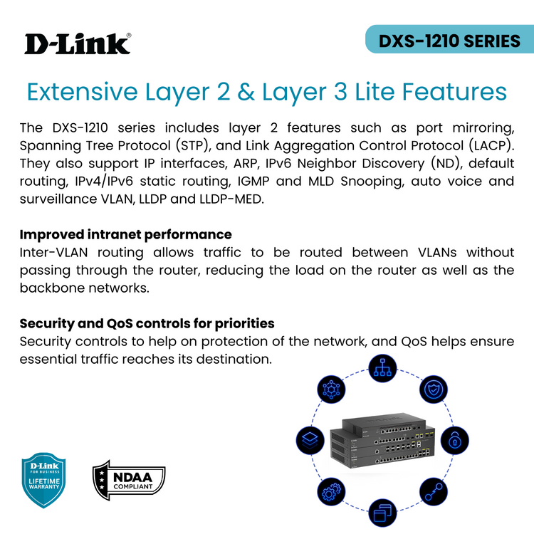 D-Link 12-Port 10 Gigabit Smart Managed Switch includes 8 10G ports, 2 SFP+ and 2 10G/SFP+ Combo Ports (DXS-1210-12TC)