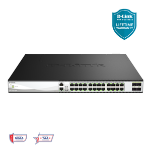 D-Link 28-Port 10GbE Multi-Gig PoE++ Layer 3 Stackable Managed Switch (DXS-3130-28P) | 24-Port 10GE PoE++ Ports, 4×25GbE SFP28 Uplinks, 790W (Up to 1440W), Redundant PSUs, Surge Protection, Rack-Mountable, Follows NDAA/TAA, Lifetime Warranty