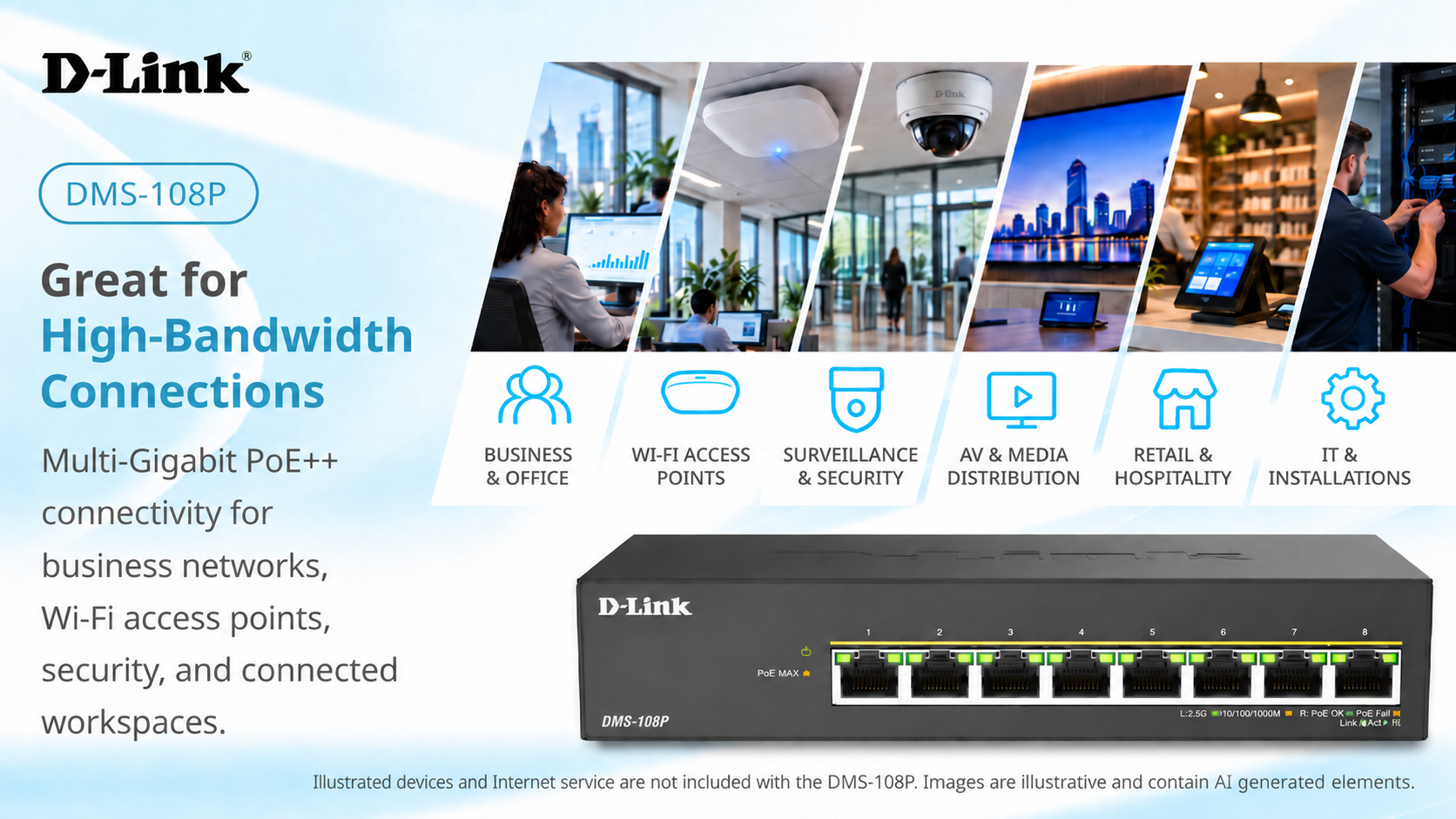 D-Link DMS-108P PoE+ 16-port network switch shown on a light blue promotional graphic with business-use icons and photos of office, security, retail, and IT environments. The product is black with illuminated green and yellow port indicators.