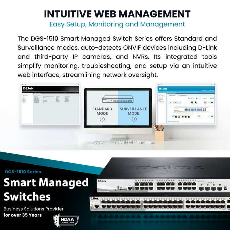D-Link 28-Port Gigabit Stackable Smart Managed PoE+ Switch 10G Uplinks | 24 PoE+ Ports (193W) + 2 10GbE SFP+ Ports + 2 SFP Ports| L3 Lite |VLANs |Web Managed |Surveillance Mode | NDAA Compliant - (DGS-1510-28P)