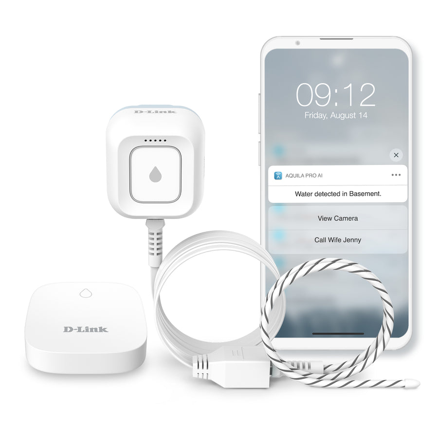 Smart Wi‑Fi water leak detector sensor kit with siren, strobe, app alerts & Google Assistant support. Covers up to 17 spots. No hub needed. Easy setup. SW-A11KT - D-Link