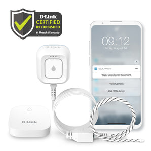 D-Link Aqualung Pro AI water leak detector kit shown with a smartphone displaying the companion app, a white leak sensor, a white power adapter, a braided cable, and a D-Link certified refurbished badge on a white background.