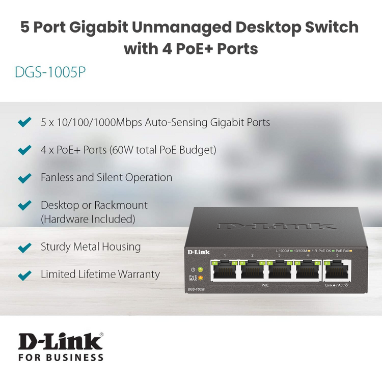 D-Link 5-Port Gigabit PoE+ Unmanaged/Plug and Play (60W Total PoE Budget 4xPort) Metal Compact Desktop Switch - (DGS-1005P)
