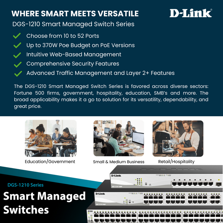 D-Link 28-Port Gigabit Smart Managed PoE+ Switch | 24 PoE+ Ports (370W) + 4 Combo SFP Ports | L2+| Web Managed| Optional Nuclias Connect |Surveillance Mode | NDAA Compliant (DGS-1210-28MP)