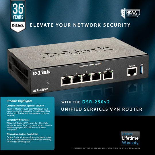 D-Link Elevate your Network Security  DSR-250v2 5 Gigabit VPN Router
