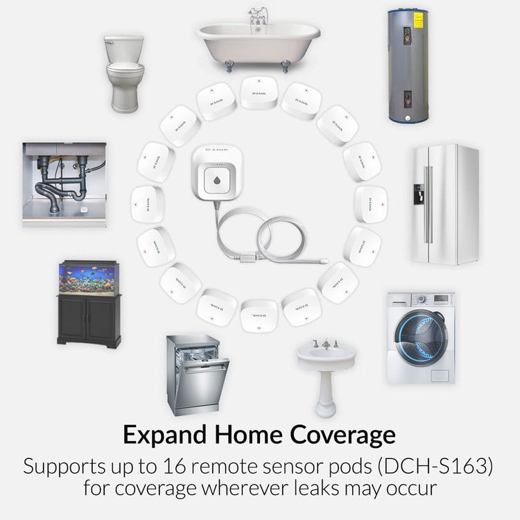 D-Link Water Sensor and Alarm Starter Kit, Detector, AC Powered, Expandable up to 16 Locations, Works with Google Home - (DCH-S1621KT)