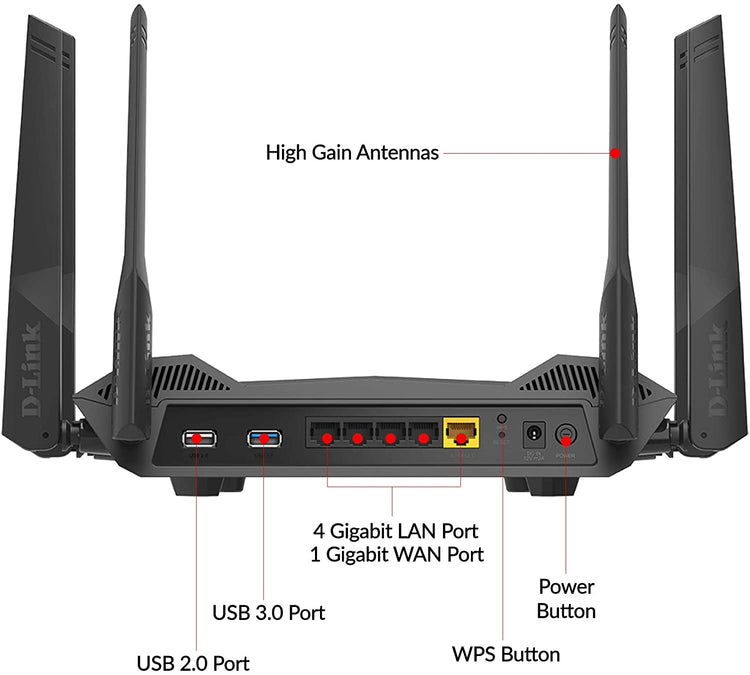 D-Link EXO|AX AX5400 WiFi6 Gigabit Mesh Router - Mobile App. Managed - Voice Control - 4-port Gigabit Ethernet LAN - 2-port USB - (DIR-X5460-US)