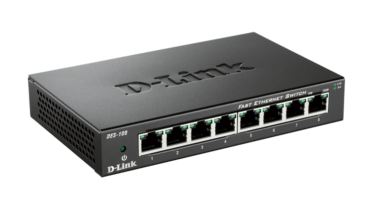 D-Link 8-Port Fast Ethernet Unmanaged/Plug and Play Switch | Fanless | Metal Compact Desktop - (DES-108)