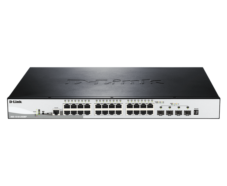 D-Link 28-Port Gigabit Stackable Smart Managed PoE+ Switch with 10G Uplinks| 24 PoE+ Ports (370W) + 4 10GbE SFP+ Ports| L3 Lite |VLANs |Web Managed |Surveillance Mode | NDAA Compliant - (DGS-1510-28XMP)