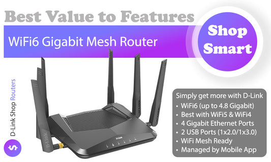 D-Link EXO|AX AX4800 WiFi6 Gigabit Mesh Router - Mobile App. Managed - Voice Control - 4-port Gigabit Ethernet LAN - 2-port USB - (DIR-X4860-US)